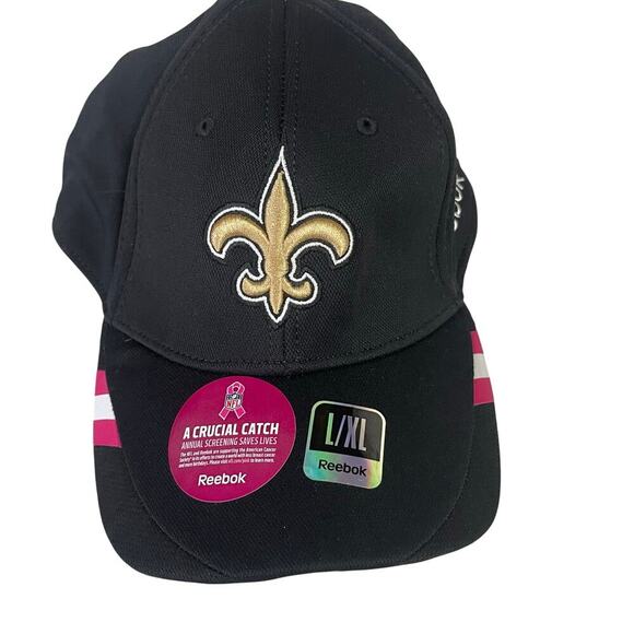 Reebok NFL Saints Black Fitted Hat Breast Cancer Ribbon Flex L/XL Football NEW - Picture 1 of 4